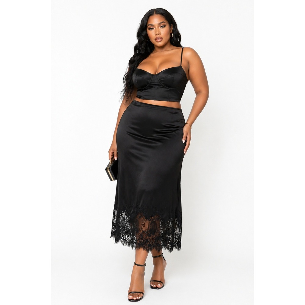 Edit by Nine Womens Black Satin Lace Hem Midi Skirt Plus Size 1XL New
